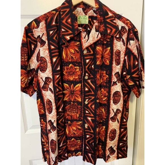 Ui Maikai Vintage Hawaiian Shirt Tiki Mask Drum Pineapple Plant Men's M / L Red - Picture 6 of 8